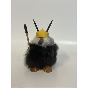 1960 Vintage 5" Danish Viking Figurine Wood Brown Felt Rabbit Fur Spear Denmark